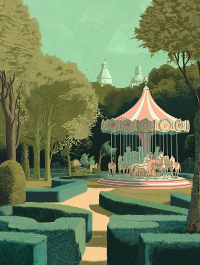 French Style Park Illustration with Carousel