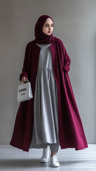 Stylish Muslim woman in burgundy coat