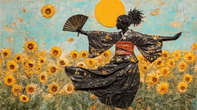 Black Samurai Warrior in Sunflower Field