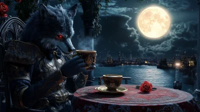 Undead Werewolf Enjoying Espresso on Undead Patio