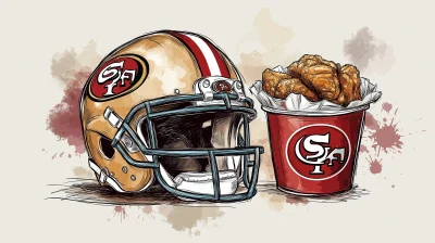 Sketch Style Illustration of Football Helmet and Bucket of Chicken