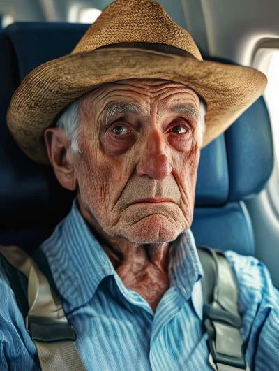 Tired Farmer in Airplane Seat