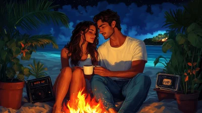 Romantic Beach Campfire Illustration