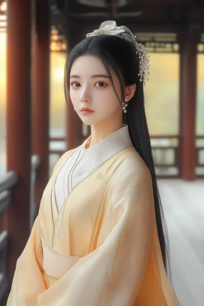 Beautiful Woman in Yellow Hanfu at Sunset