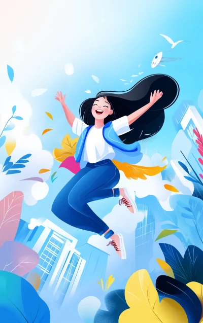 Jumping Girl in Flat Vector Illustration Style