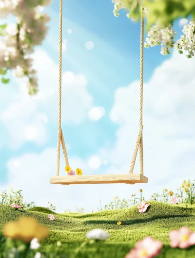 Spring Scene with Wooden Swing