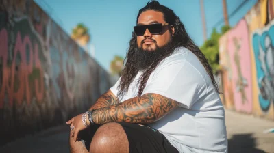 Album Cover of Plus Size Polynesian Man in 1990s Hip Hop Style