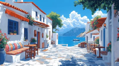 Colorful Illustration of a Seaside Café in Greece