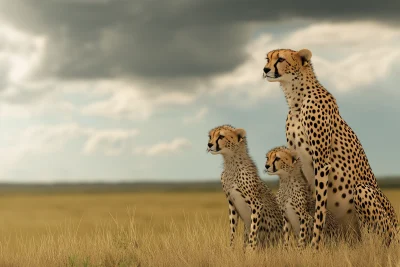 Cheetah Family in Grass Field