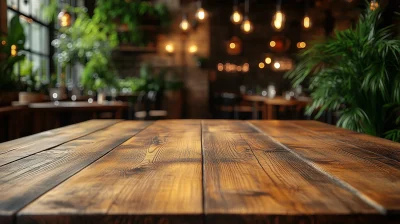 Empty Wooden Table with Blurred Restaurant Interior Background