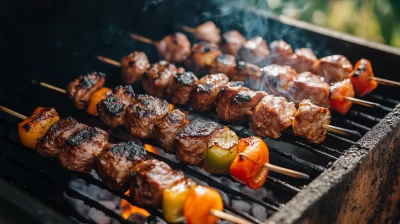 Grilling Shashlik on Barbecue Grill