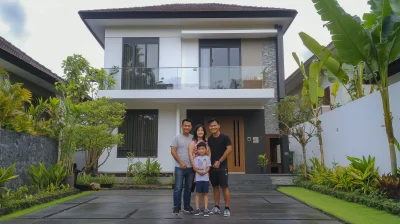 Small Family in Front of Modern Indonesian House