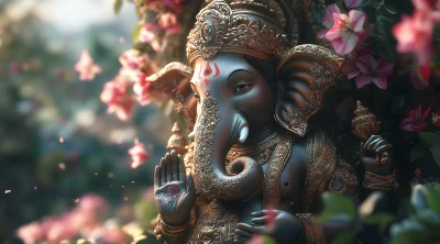 Elegant Ganesha Statue Among Blooming Flowers