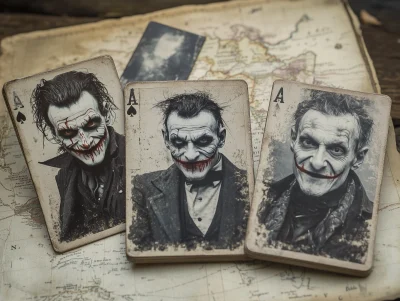 Three Jokers Playing Cards on a Vintage Map