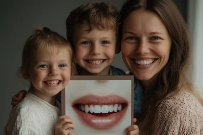 Family holding smiling mouth picture