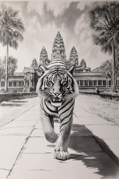 Monochromatic Drawing of a Tiger Walking in Front of Angkor Wat Pathway