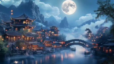 Ancient Chinese City in the Moonlight