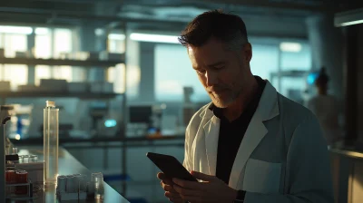 Man Looking at Phone in Well-Lit Open Lab