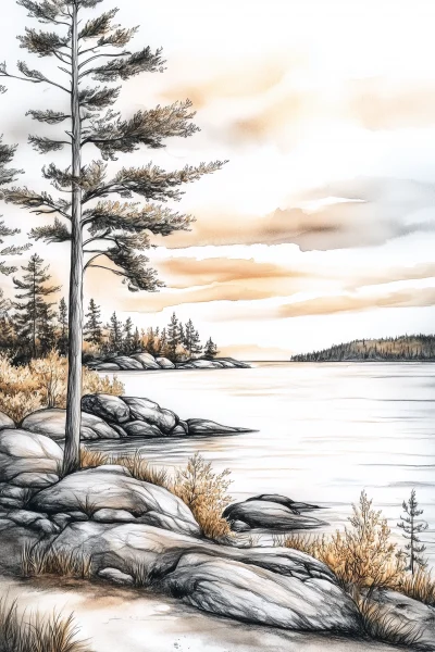 Maine Landscape Watercolor Drawing