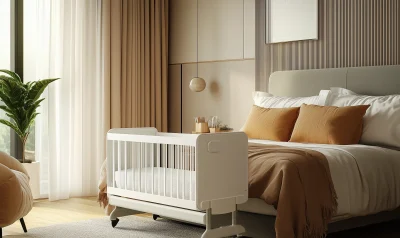 Warm Minimalist Bedroom Scene with Baby Cradle