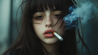 Smoking Girl with Dark Hair and Bangs