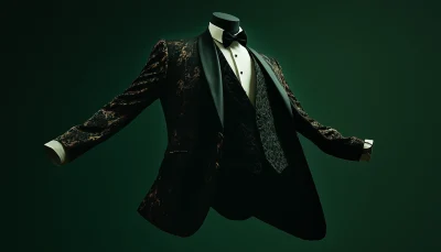 Floating black and gold tuxedo suit