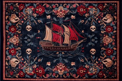 Intricate Persian Carpet with Pirate Ship Design