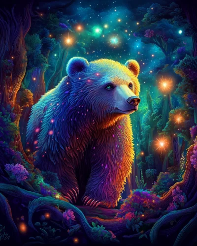 Mystical Neon Bear in a Forest