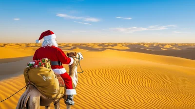 Santa Claus on Camel in Desert Sunset