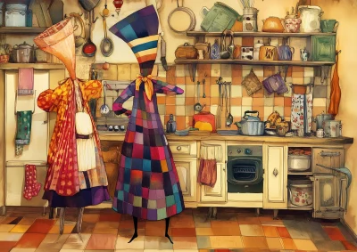 Fashionably Dressed Grace People in a Magical Kitchen