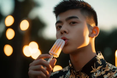 Muscular Young Man Licking Popsicle