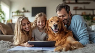 Happy Family Reviewing Pet Insurance Documents