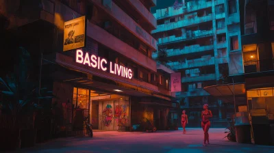 Brutalist housing complex at night