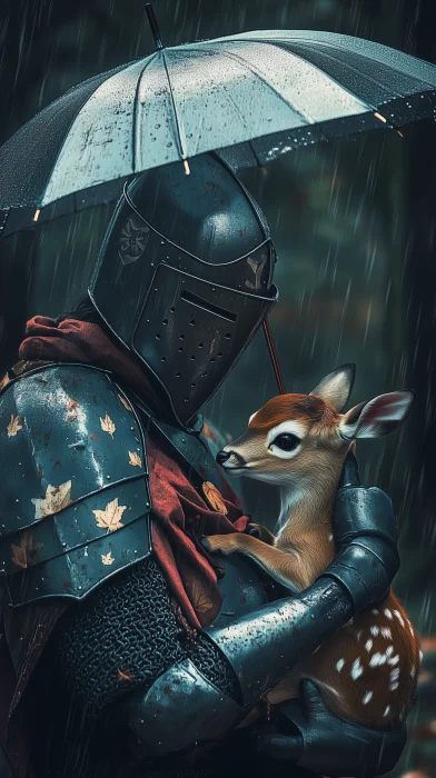 Medieval Knight and Baby Deer in the Rain