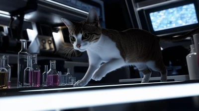 Futuristic Spaceship Laboratory with Cat Sprinting