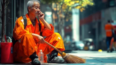 Chinese Sanitation Worker Resting in Urban Setting