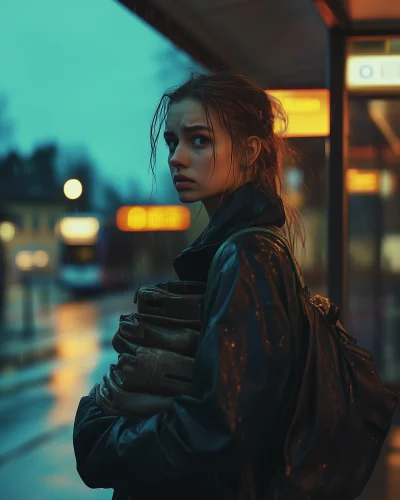 Young Woman Holding Grocery Bags in the Rain