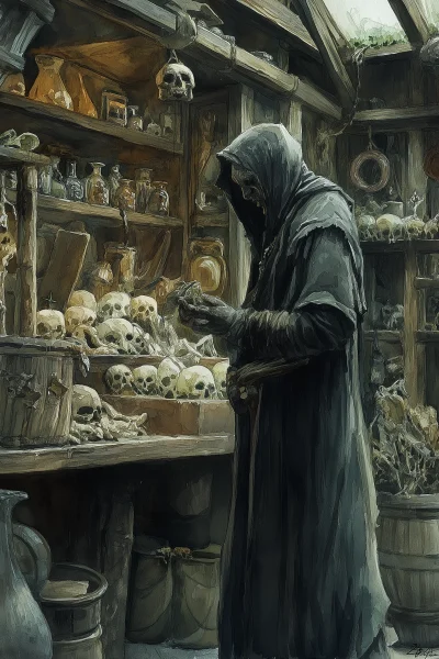 Dark Robed Spindly Man in Bone Shop