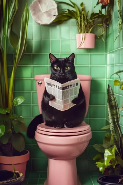 Whimsical Cat on Pink Toilet