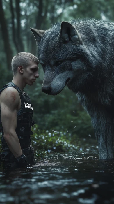 Surreal Park Scene with Football Player and Blue Wolf