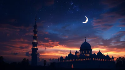 Mosque Twilight with Crescent Moon