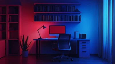 Minimalist Working Room with Blue and Red Lighting