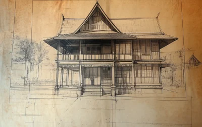 Ancient Traditional Malaysian Wooden House Blueprint