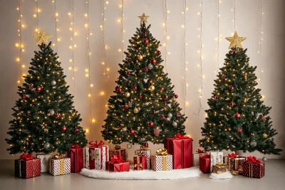 Christmas studio backdrop with trees and presents