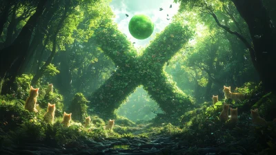 Green X with Sphere and Kittens in Forest