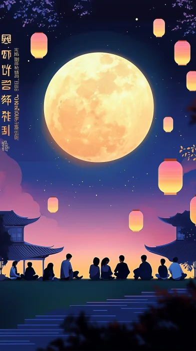 Night Sky Poster with Moon and Celebrating People