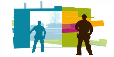 Silhouettes of installers installing garage doors