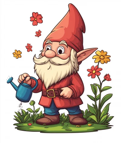 Mischievous Gnome Watering Flowers