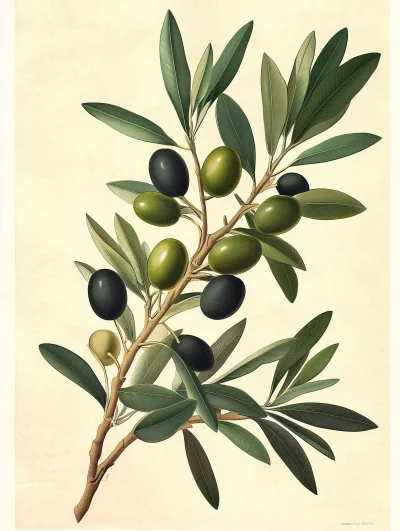 Botanical Illustration of Green Olive Branch