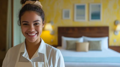 Smiling hotel maid in a bright hotel room